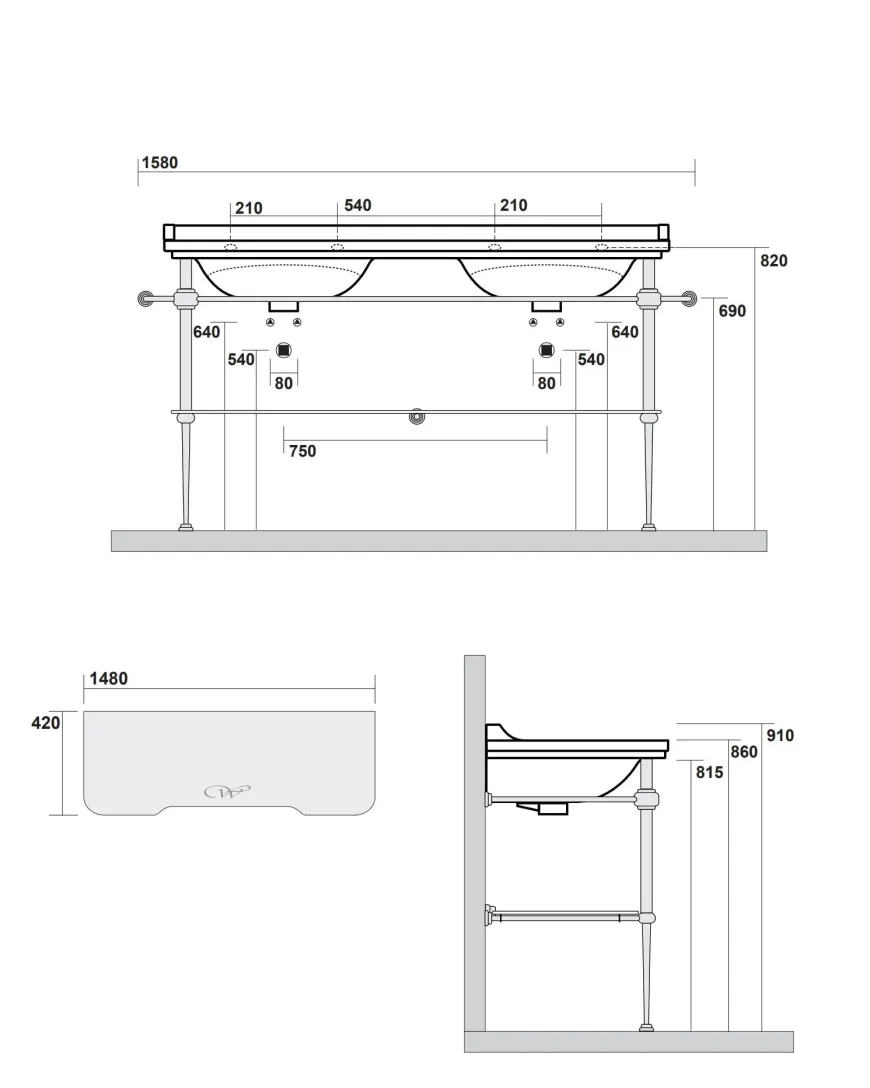 Art Deco - Dubbeltvättställ 150 cm på guldställning & glashylla