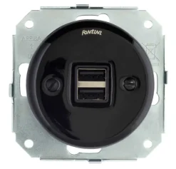 Insats USB-uttag dubbelt svart porslin - Fontini infällt
