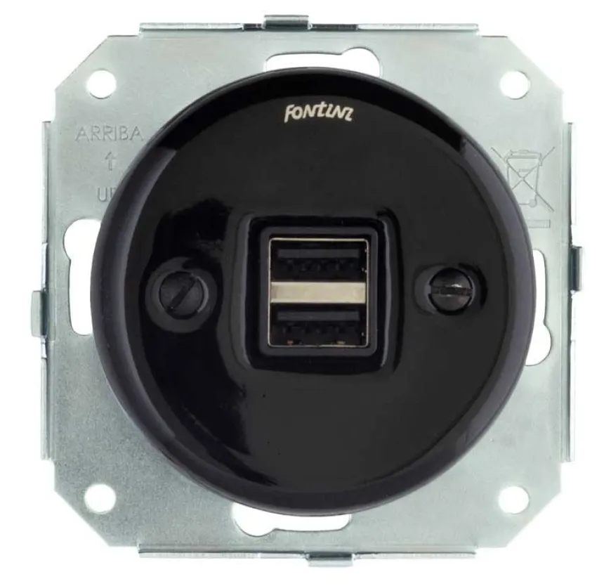 Insats USB-uttag dubbelt svart porslin - Fontini infällt